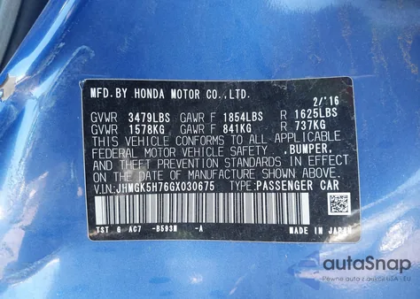 2016 Honda Fit Ex из США, поврежденный, VIN JHMGK5H76GX030675